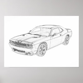 Svart och vitt Dodge Challenger Pencil Teckning Poster