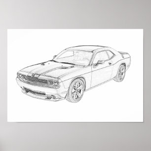 Svart och vitt Dodge Challenger Pencil Teckning Poster