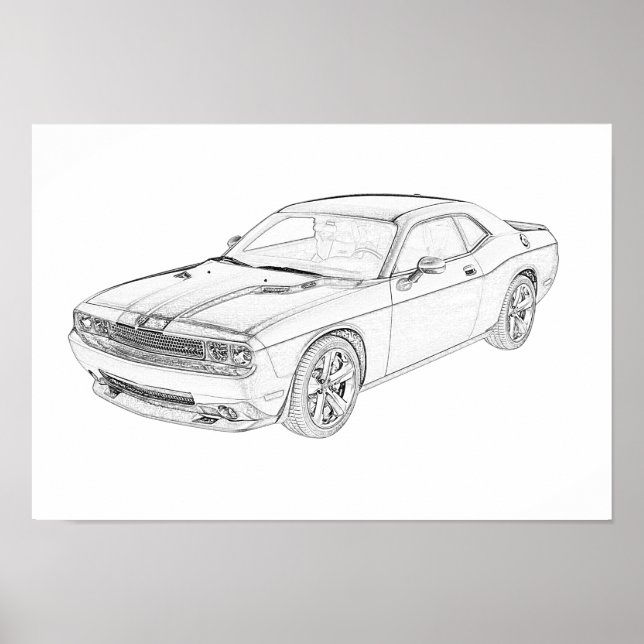 Svart och vitt Dodge Challenger Pencil Teckning Poster (Framsidan)