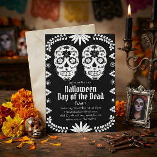 Svart Och Vitt Dödskalle Halloween Dag Av De Döda Inbjudningar