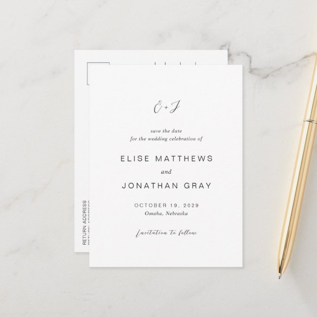 Svart och Vitt Elegant Bröllop Spara Datum Meddelande Vykort (Fram/Back In Situ)