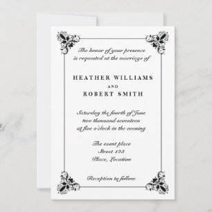Svart Och Vitt Elegant Dekorativ Ram Bröllop Inbjudningar