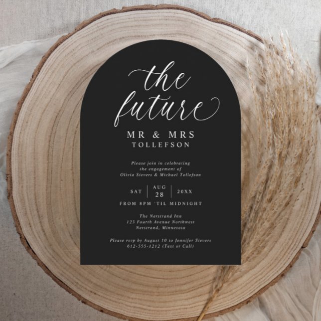 Svart och Vitt Elegant Förlovningsfest Script Inbjudningar (Modern black arch-shaped engagement party invitation with elegant white script and minimalist design)