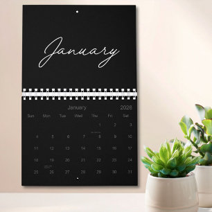 Svart och Vitt Elegant Modernt Skript 2026 Kalender
