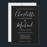 Svart Och Vitt Elegant Skript Bröllop Inbjudningar<br><div class="desc">Med signaturstilnamn kan denna eleganta svarta och vita bröllopsinbjudan anpassas med din information i chic vit bokstav. Designad av Thisisnotme©</div>