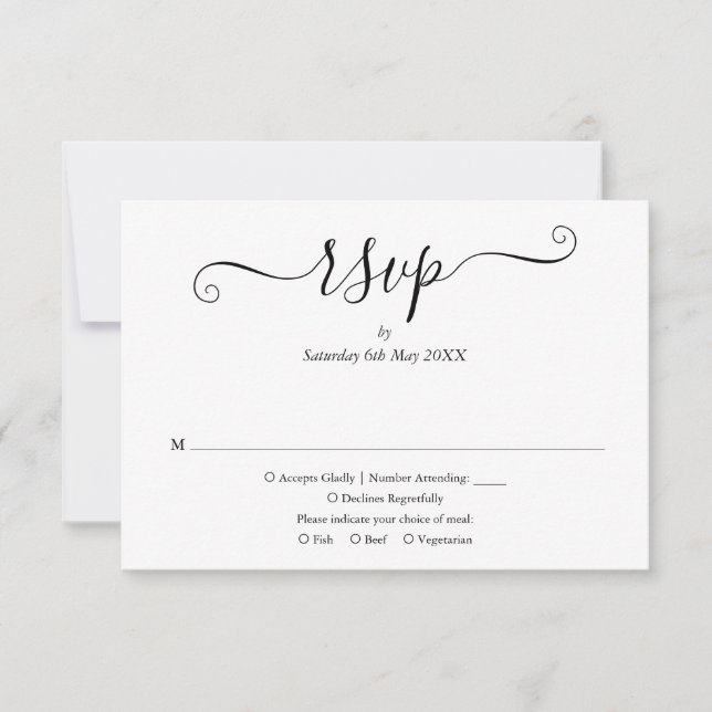 Svart Och Vitt Elegant Skript Bröllops RSVP-kort OSA Kort (Framsida)