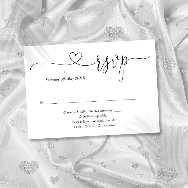 Svart Och Vitt Elegant Skript Hjarta OSA Kort (Black And White Elegant Script Heart RSVP Card)