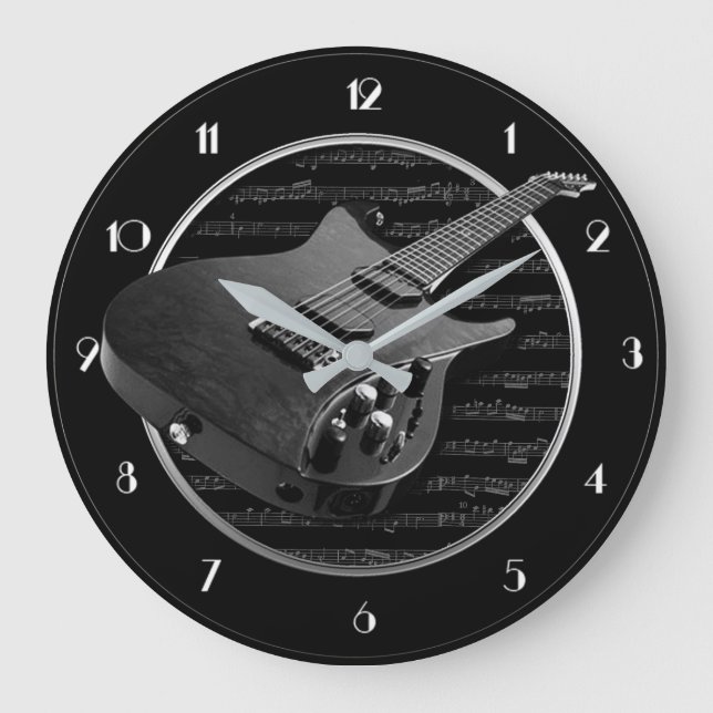 Svart och vitt, elektriskt Guitar Round Wall Clock Stor Klocka (Framsida)
