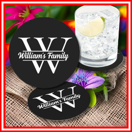 Svart och Vitt | Enkel familjeinitial-monogram Underlägg Papper Rund