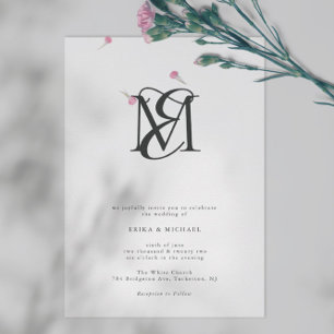 Svart och vitt enkelt Modern Monogram Bröllop Inbjudningar