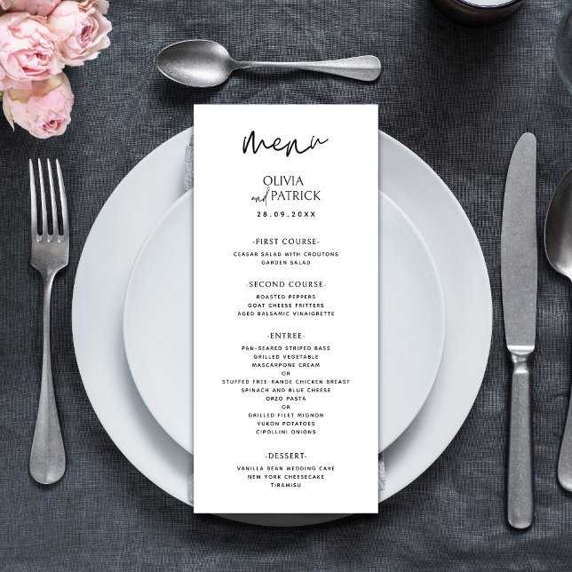 Svart och Vitt Enkelt Modernt Minimalistiskt Bröll Meny (Black and white minimalist wedding menu showcases your meal with clean, modern elegance.)