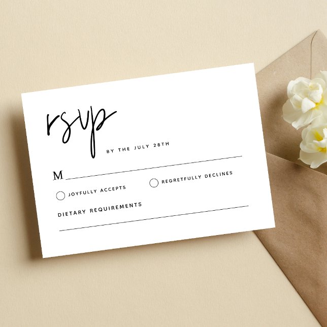 Svart och Vitt Enkelt Modernt Minimalistiskt Bröll OSA Kort (Black and white minimalist RSVP card collects responses with clean, modern elegance.)