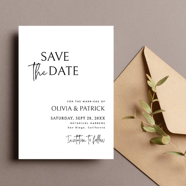 Svart och Vitt Enkelt Modernt Minimalistiskt Bröll Spara Datumet (Black and white minimalist save the date shares your date with clean, modern elegance.)