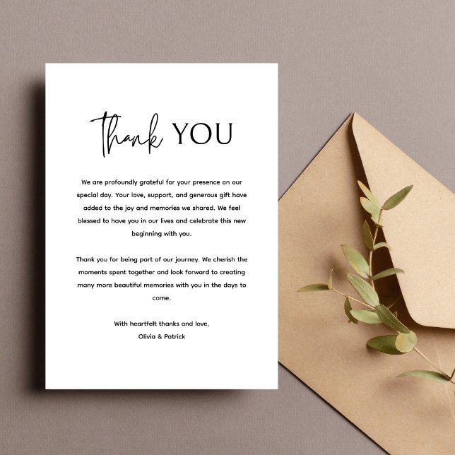 Svart och Vitt Enkelt Modernt Minimalistiskt Bröll Tack Kort (Black and white minimalist thank you card expresses gratitude with clean, modern elegance.)