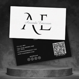 Svart och Vitt Enkelt Monogram QR-kod Visitkort