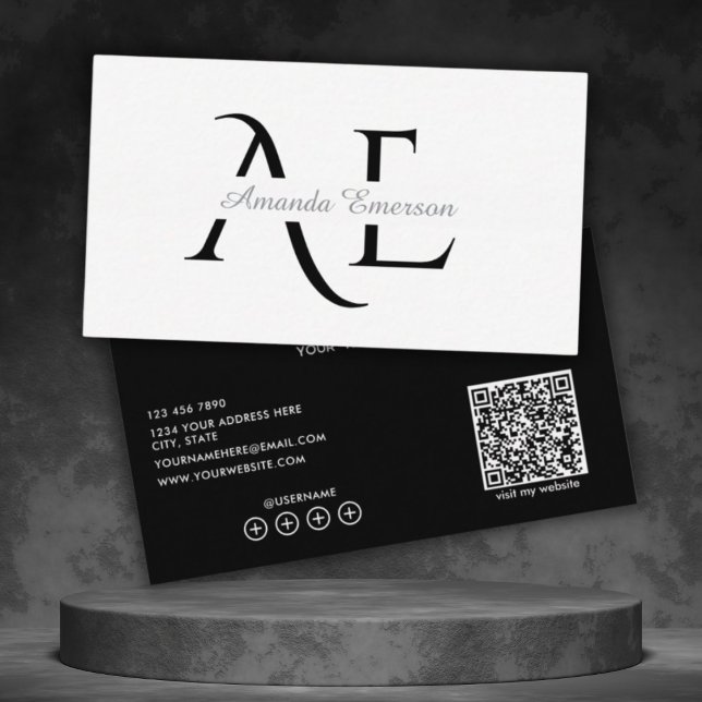 Svart och Vitt Enkelt Monogram QR-kod Visitkort (Skapare uppladdad)