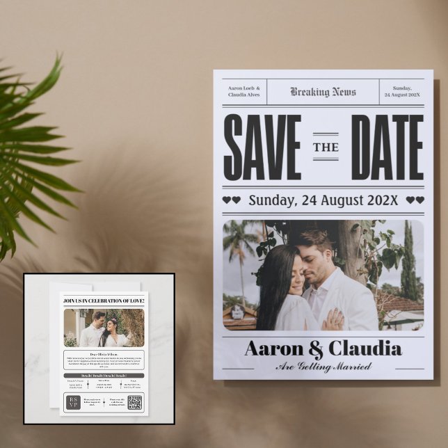 Svart och vitt enkelt nyhetsblad Spara datumet (Black and White Simple Newspaper Save the Date)