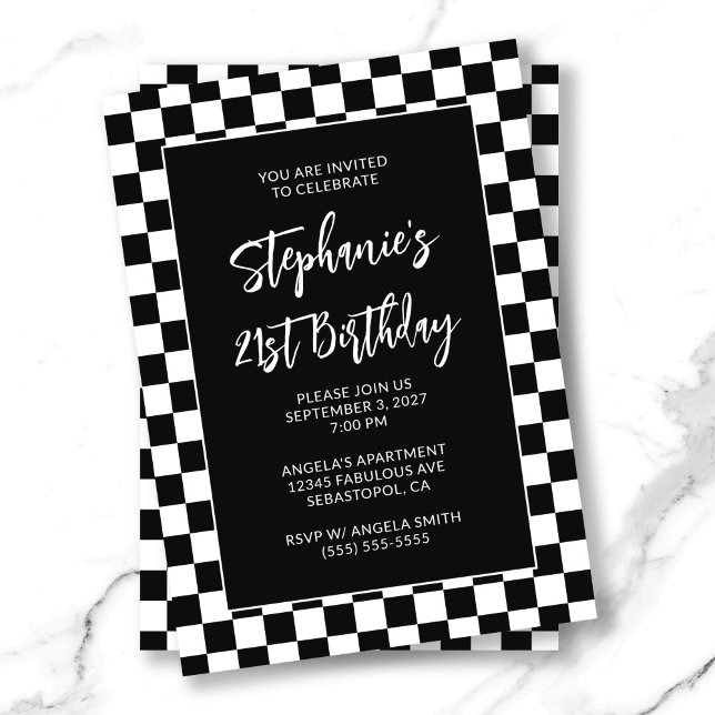 Svart och vitt, fet, 21:a födelsedag inbjudningar (Black and White Checkered Bold 21st Birthday Invitation)