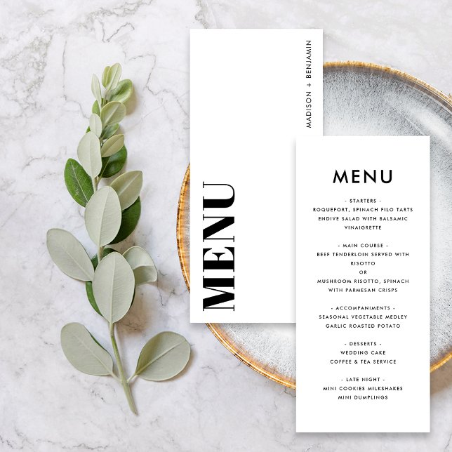 Svart och vitt fet, minimalistisk modern Bröllop Meny (Front / Back)