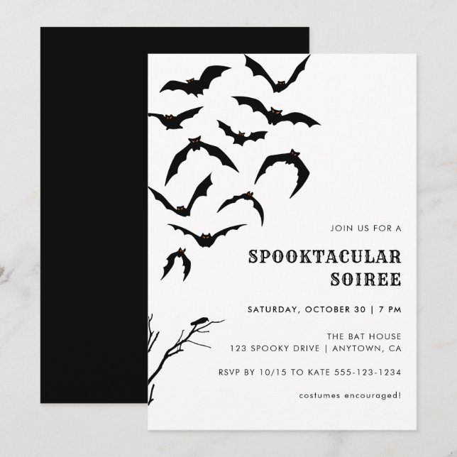 Svart och vitt Fladdermus Halloween Spooktacular S Inbjudningar (Fram/baksida)