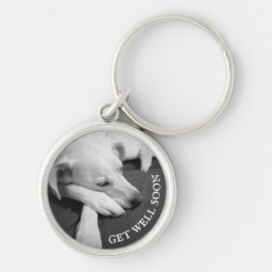 Svart och vitt foto av en vacker Hund Rund Silverfärgad Nyckelring