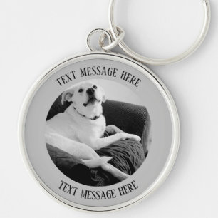 Svart och vitt foto av Hund textmeddelande Rund Silverfärgad Nyckelring