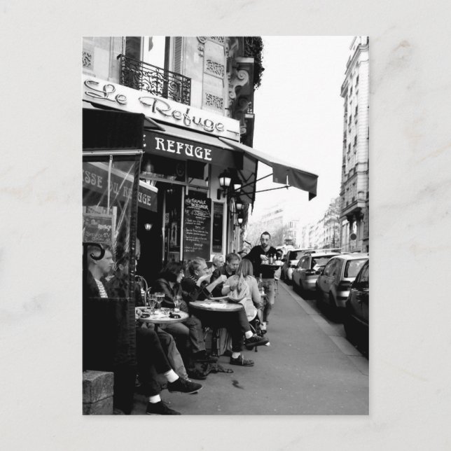 Svart och vitt foto av Le Refuge Cafe i Paris Vykort (Framsida)