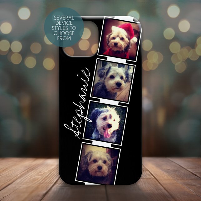 Svart och vitt foto-kollage-fyrkanter med namn (Personalized Phone Case with 4 Photos and Custom Text - Pick Your Device Style)