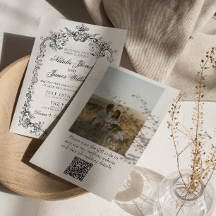 Svart Och Vitt Gammalt Pengar Foto QR-kod Bröllop Inbjudningar