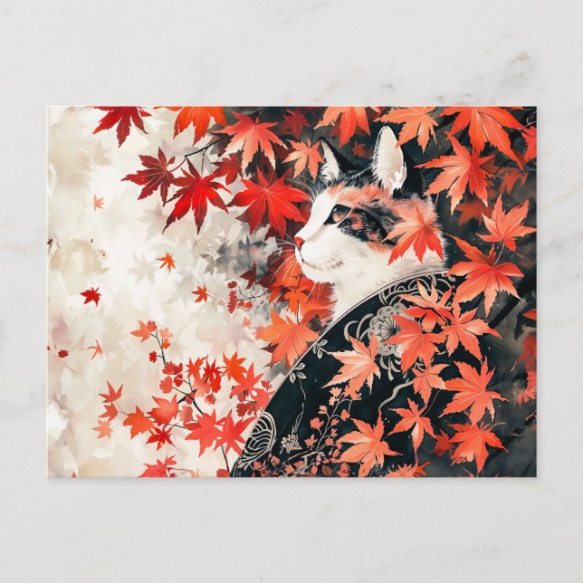 Svart och vitt Geisha-katt under Red Maple Löv Vykort (Framsida)