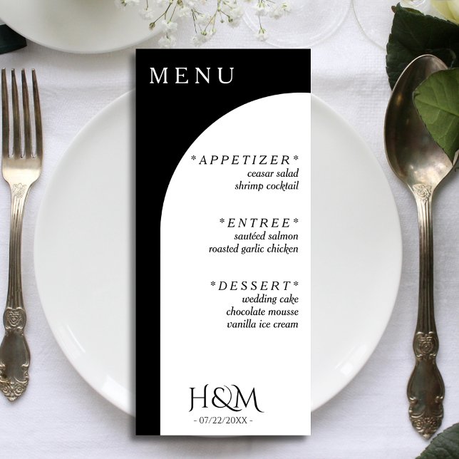 Svart och vitt geometriskt bågssonderingsmottagnin meny (black and white wedding menu)