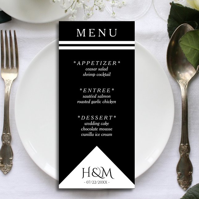 Svart och vitt geoometriskt Rand-bröllop Meny (black and white wedding menu)