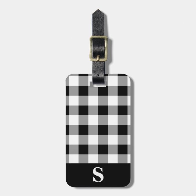 Svart och vitt Gingham-monogram Bagagebricka (Vertikal Framsida)