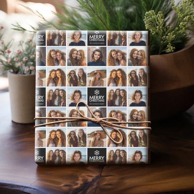 Svart och vitt God jul 8 Fotokollage Presentpapper (Personalized wrapping paper with photo collage)