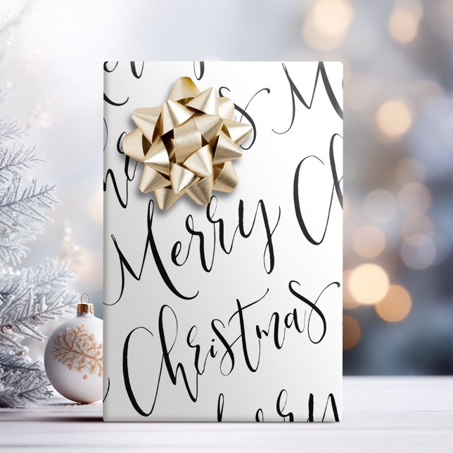 Svart och vitt God jul-kalligrafi Presentpapper (Black And White Merry Christmas Calligraphy Wrapping Paper)
