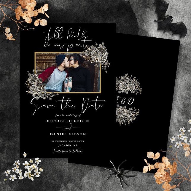 Svart Och Vitt Gotisk Blommig Foto Bröllop Spara Datumet (Black And White Gothic Floral Photo Wedding Save The Date)