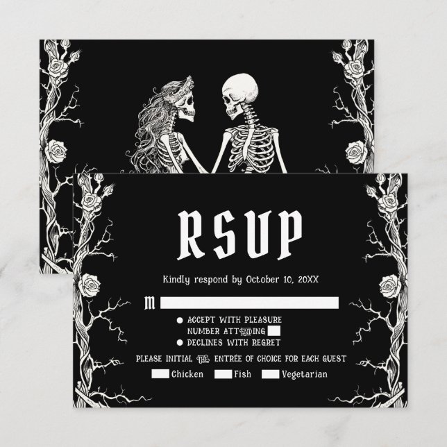 Svart och Vitt Gotisk Halloween Skelett Bröllop OSA Kort (Fram/baksida)