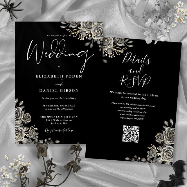 Svart Och Vitt Gotiskt Blommigt QR-kod Bröllop Inbjudningar (Black And White Gothic Floral QR Code Wedding Invitation)