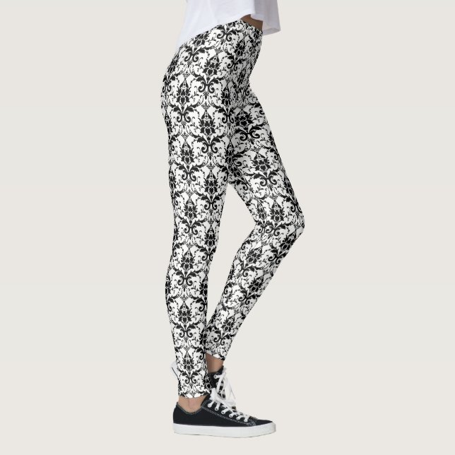 Svart och vitt gotiskt blomsterdamastmönster leggings (Höger)