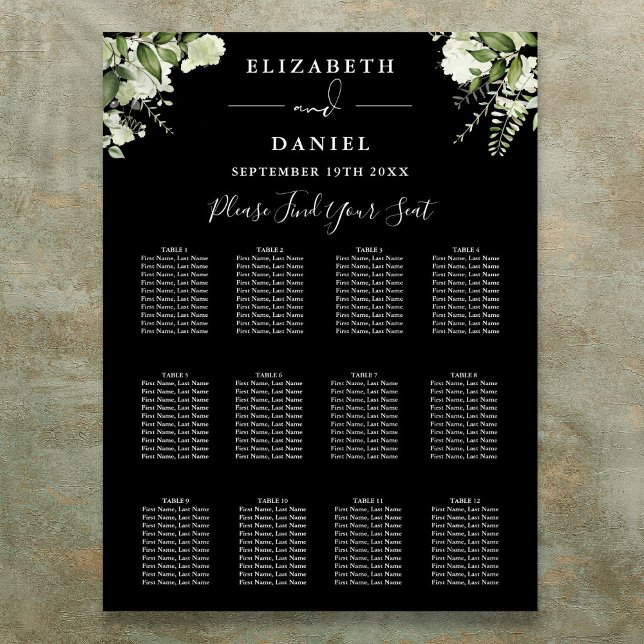 Svart och vitt grönsaklig bröllopsställningsschema poster (Black And White Greenery Wedding Seating Chart)