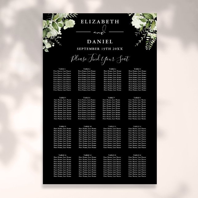 Svart och vitt grönskande bröllopsplatskarta poster (Black And White Greenery Wedding Seating Chart)