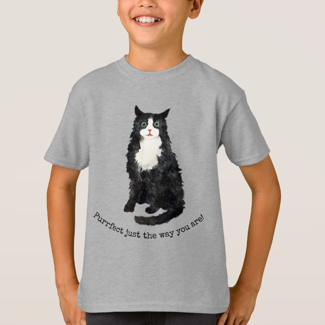 Svart och vitt hårig, katt T-Shirt (Framsida)