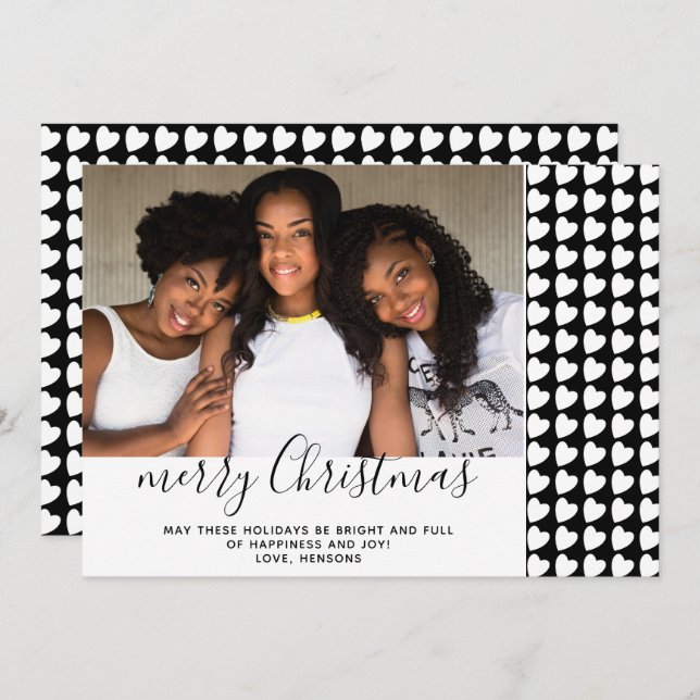 Svart och vitt Heart-fotokort för God jul (Fram/baksida)