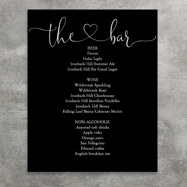 Svart Och Vitt Hjärt Script Bar Meny Poster (Black And White Heart Script Bar Menu Poster)