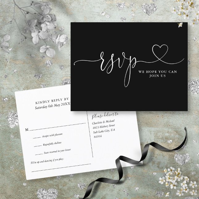 Svart Och Vitt Hjärt Script Sångförfrågan Inbjudan Vykort (Black And White Heart Script Song Request Invitation Postcard)