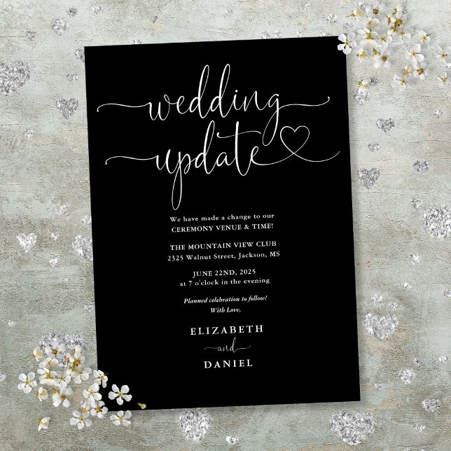 Svart Och Vitt Hjärtmanus Bröllopsuppdatering Inbjudningar (Black And White Heart Script Wedding Update Invitation)