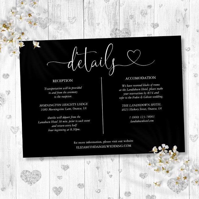 Svart Och Vitt Hjärtmanus Detaljer Info Kort (Black And White Heart Script Details Info Card)