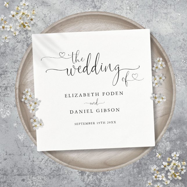 Svart och vitt hjärtskript Bröllop Pappersservett (Black And White Heart Script Wedding Napkins)