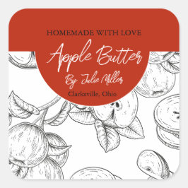 Svart och vitt, homemade Apple Butter-etikett Fyrkantigt Klistermärke