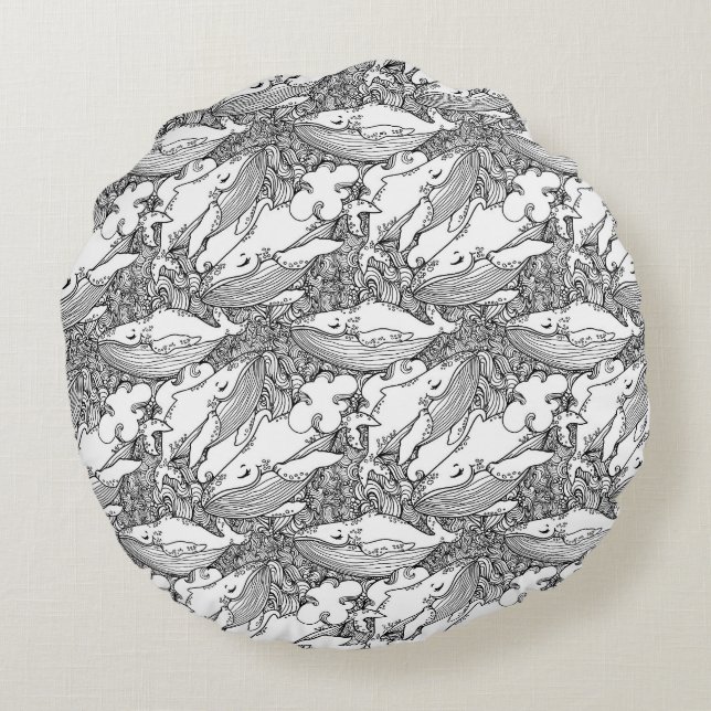 Svart och vitt hump-val rund kudde (Baksidan)